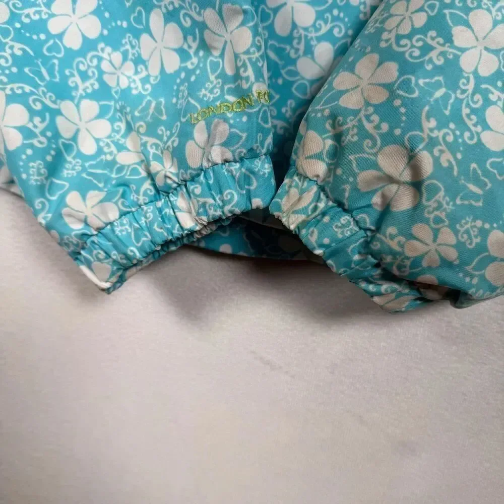 London Fog Girls Hooded Windbreaker Jacket Blue Floral Mesh Lined Size 14/16